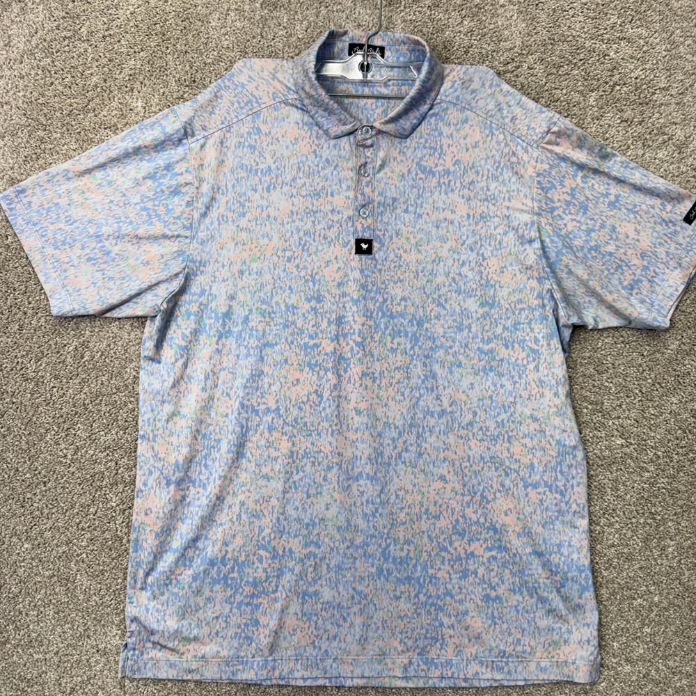 Bad Birdie Polo Mens XL Abstract Camo Blue Pink Short Sleeve Athletic EUC